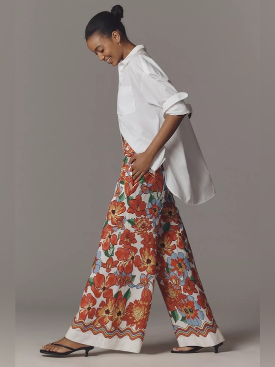 FARM Rio Pants - FARM Rio x Anthropologie Linen Blend Wide Leg Floral Pants Size XL NWT